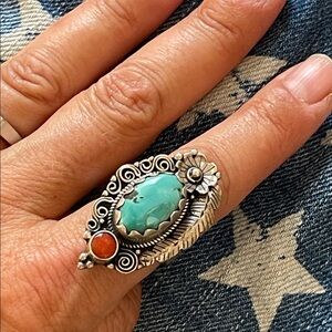 Native American Sterling Silver Turquoise and Red Coral ring
